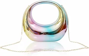 Women's Formal Acrylic Metallic Clutch Purses Wedding Guest Crescent Evening Bag with Chain
