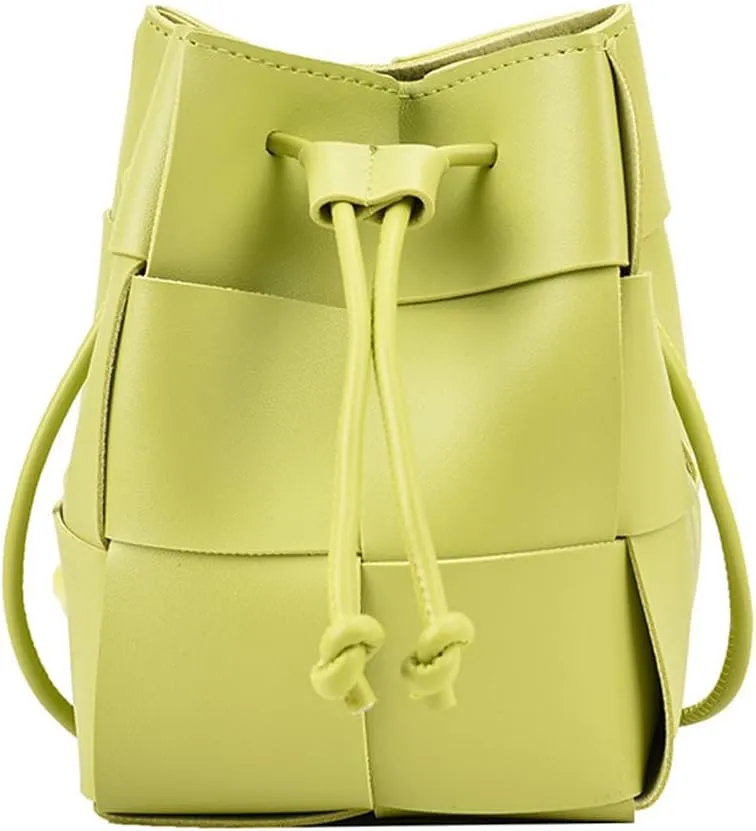 Women's Mini Woven Bucket Bag, Square Lattice Drawstring Leather Small Hobo Handbag Crossbody Handbags Soft Adjustable (Kiwi green)