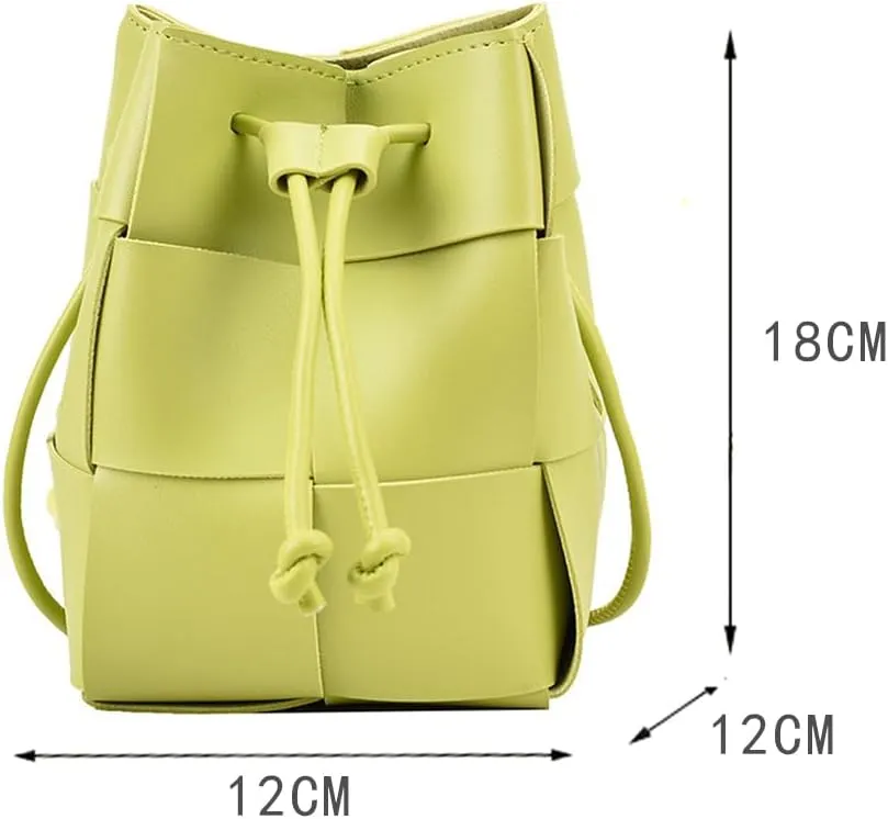 Women's Mini Woven Bucket Bag, Square Lattice Drawstring Leather Small Hobo Handbag Crossbody Handbags Soft Adjustable (Kiwi green)