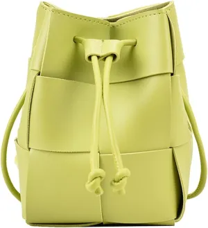 Women's Mini Woven Bucket Bag, Square Lattice Drawstring Leather Small Hobo Handbag Crossbody Handbags Soft Adjustable (Kiwi green)
