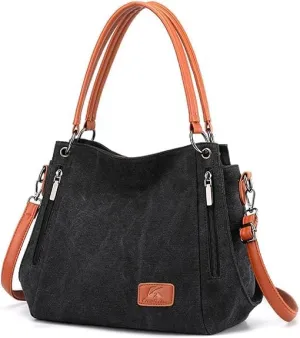 Women's Multi-pocket Shoulder Bag Satchel Fashion Canvas Handbag Simple Tote Purse Top-Handle Bag