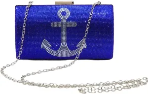 Women's Nautical Anchor Glamour Evening Bag Sparkly Rhinestone Clutch Purses Luxury Handbags Pocketbook - Blue Glitter with Silver Glitter Anchor