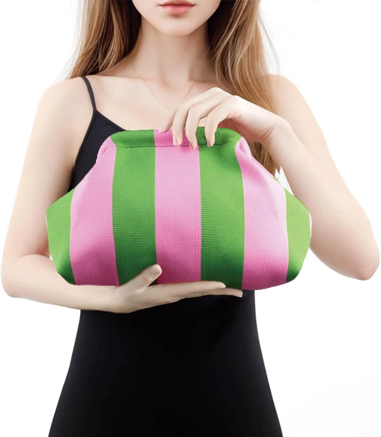 WOZEAH Summer Clutch Purses for Women Casual Crochet Dumpling Bag Colorblock Striped Cloud Clutch Handbags