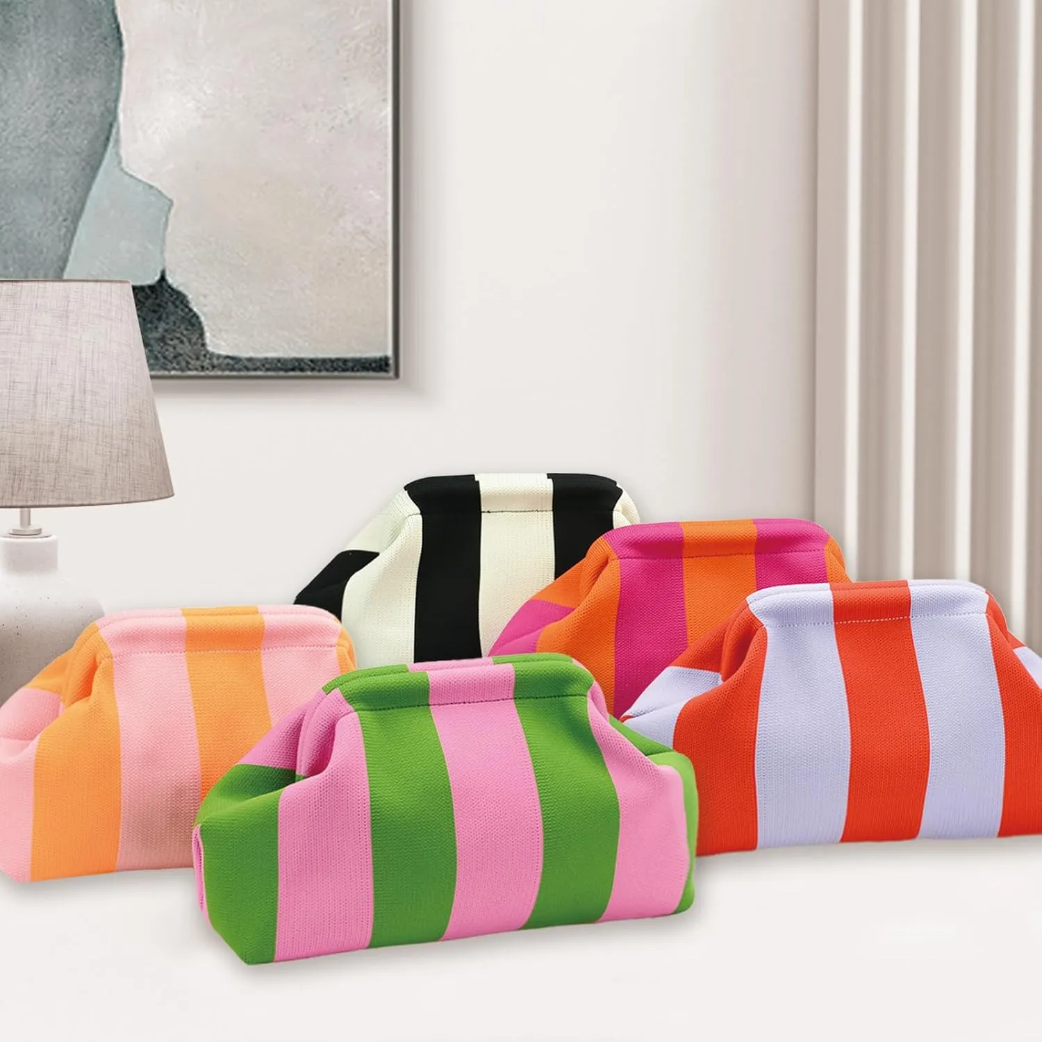 WOZEAH Summer Clutch Purses for Women Casual Crochet Dumpling Bag Colorblock Striped Cloud Clutch Handbags