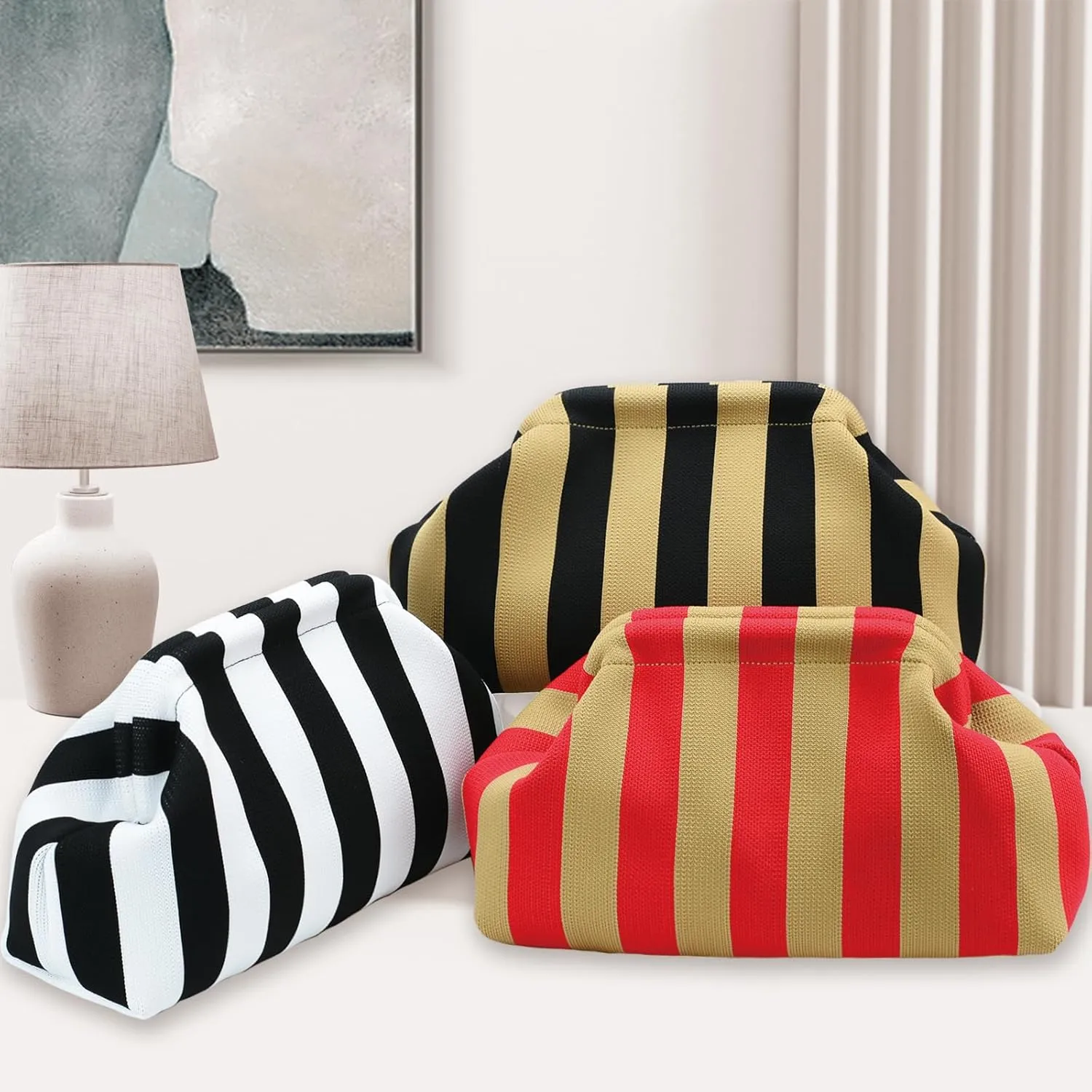 WOZEAH Summer Clutch Purses for Women Casual Crochet Dumpling Bag Colorblock Striped Cloud Clutch Handbags