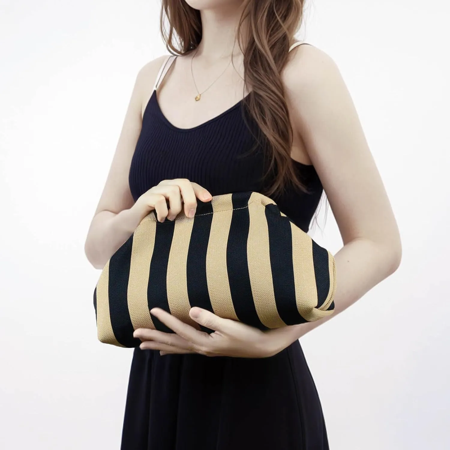 WOZEAH Summer Clutch Purses for Women Casual Crochet Dumpling Bag Colorblock Striped Cloud Clutch Handbags