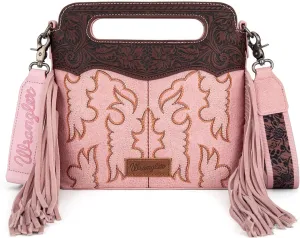 Wrangler Top Handle Handbags Western Fringe Crossbody Bag for Women Embroidered Boot Scroll Ladies Handbag