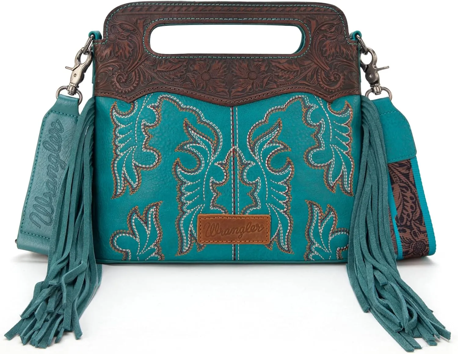 Wrangler Top Handle Handbags Western Fringe Crossbody Bag for Women Embroidered Boot Scroll Ladies Handbag