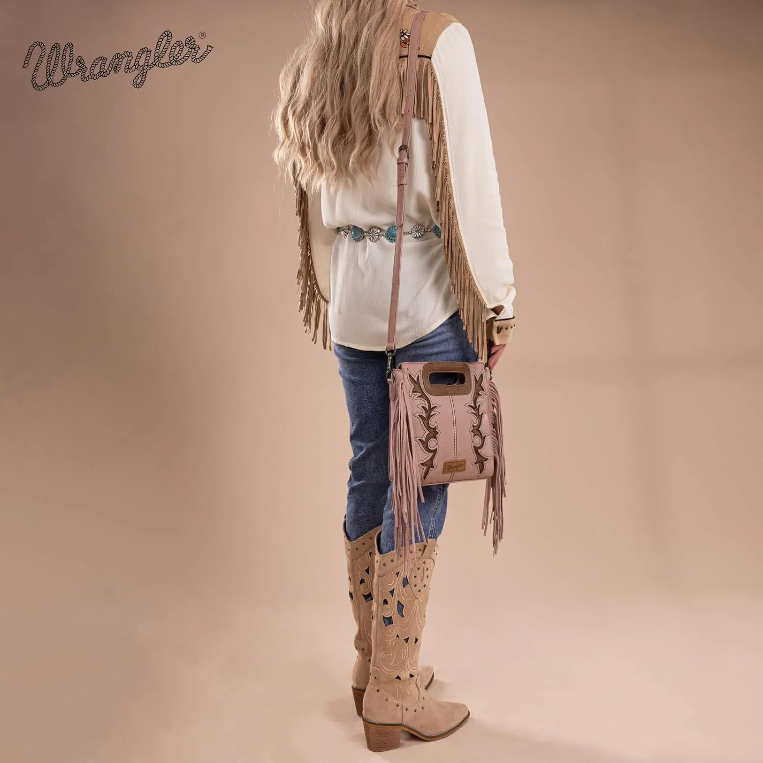 Wrangler Top Handle Handbags Western Fringe Crossbody Bag for Women Embroidered Boot Scroll Ladies Handbag