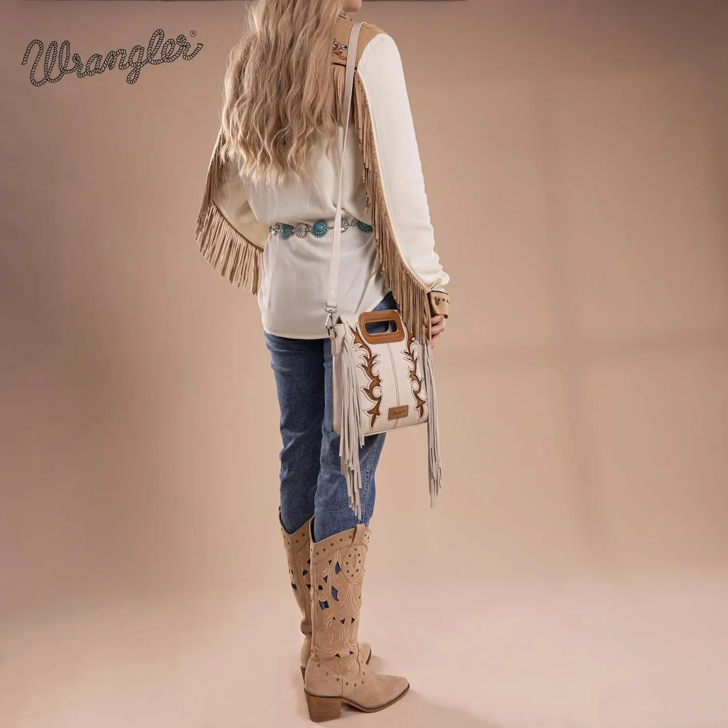 Wrangler Top Handle Handbags Western Fringe Crossbody Bag for Women Embroidered Boot Scroll Ladies Handbag