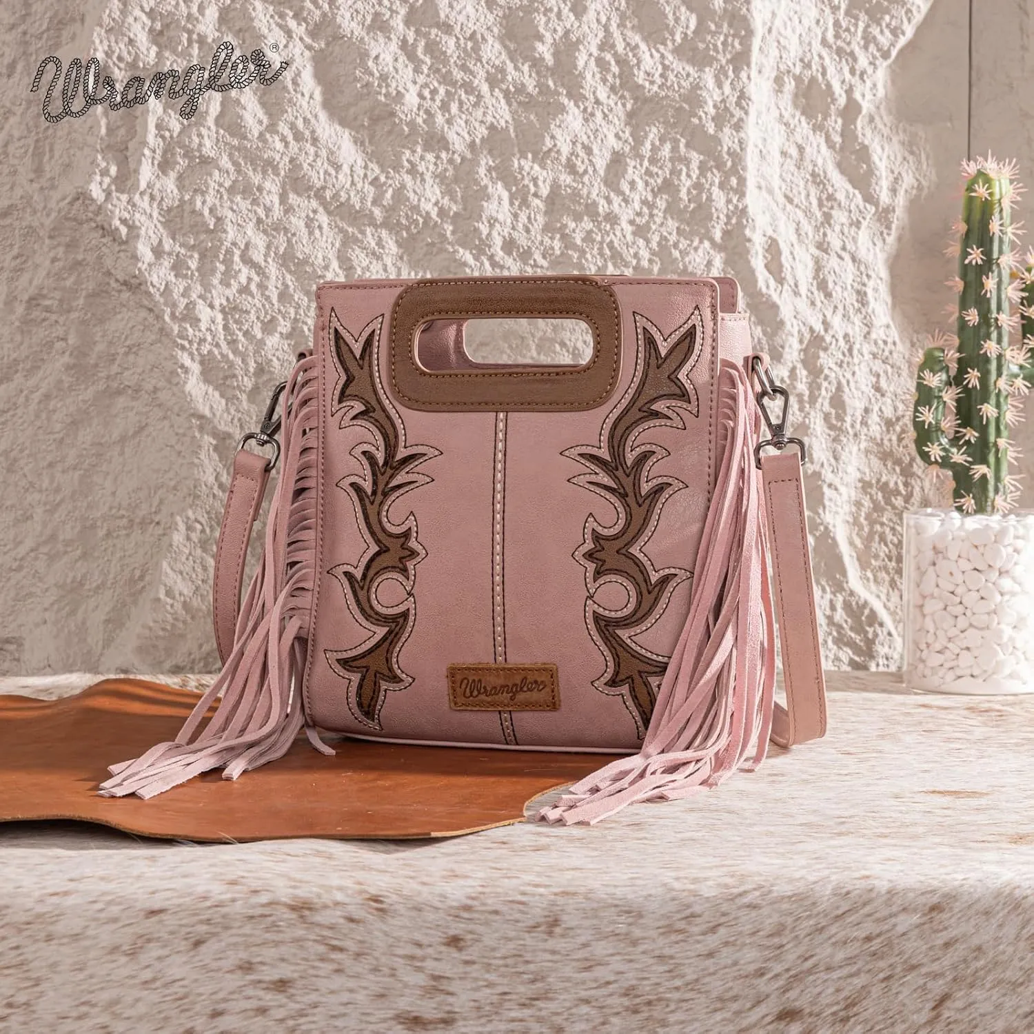 Wrangler Top Handle Handbags Western Fringe Crossbody Bag for Women Embroidered Boot Scroll Ladies Handbag