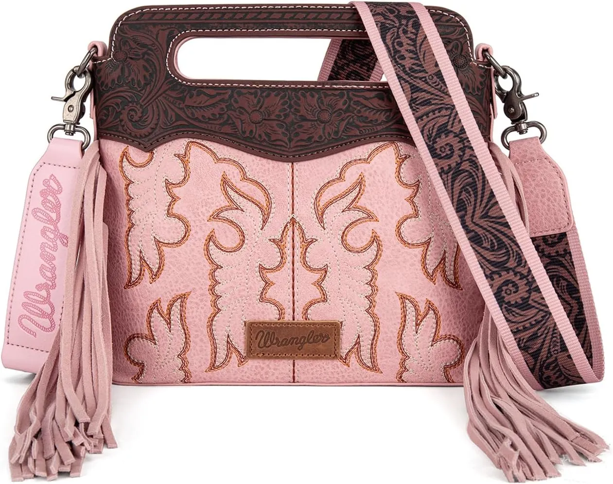 Wrangler Top Handle Handbags Western Fringe Crossbody Bag for Women Embroidered Boot Scroll Ladies Handbag