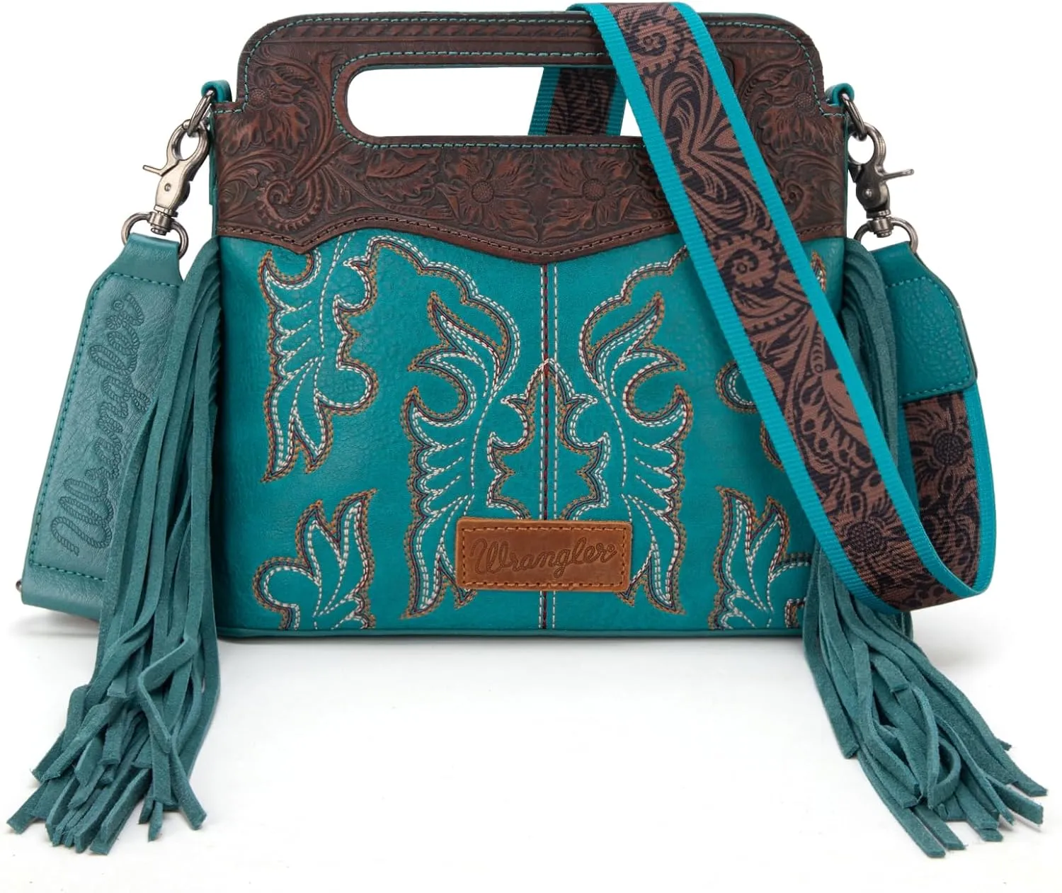 Wrangler Top Handle Handbags Western Fringe Crossbody Bag for Women Embroidered Boot Scroll Ladies Handbag