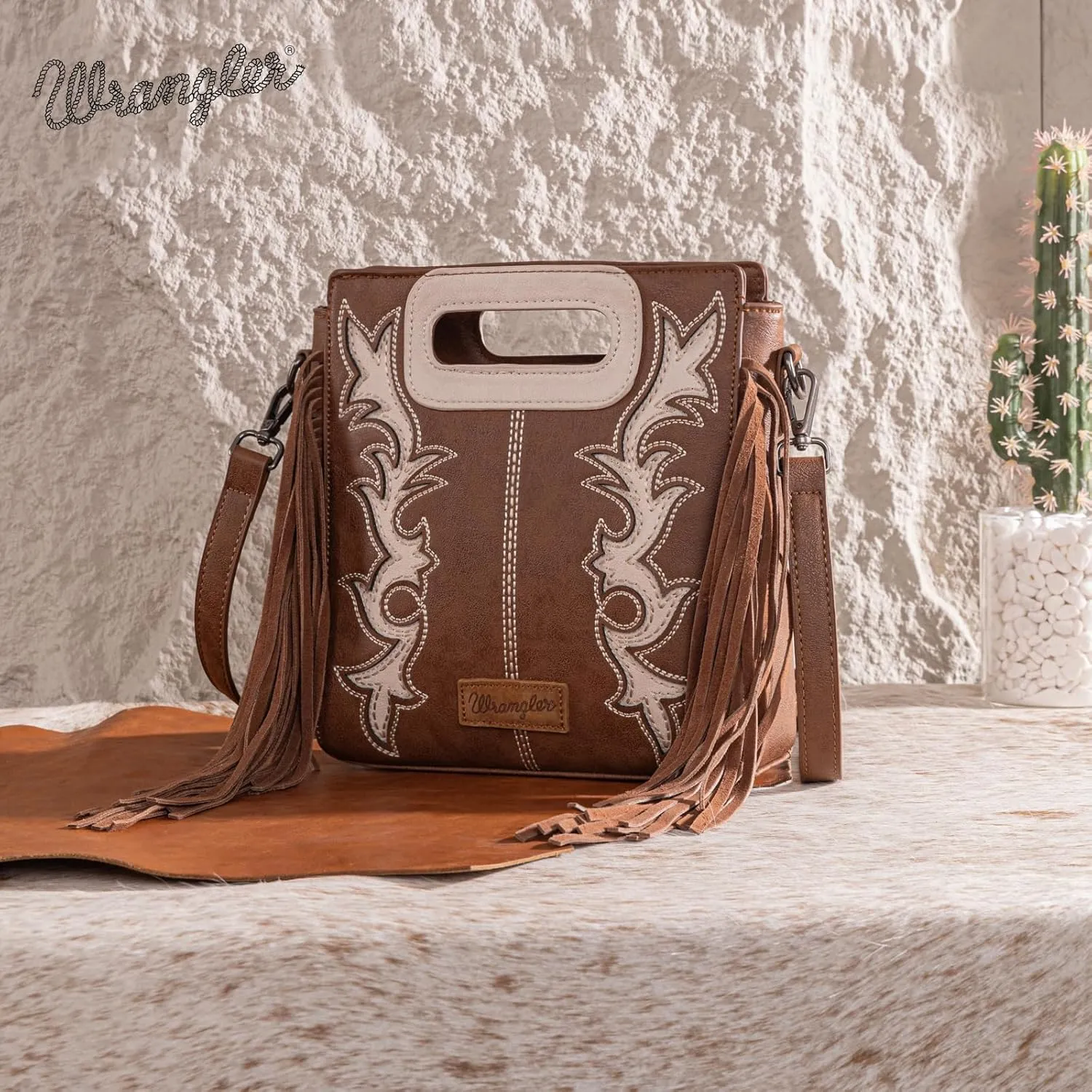 Wrangler Top Handle Handbags Western Fringe Crossbody Bag for Women Embroidered Boot Scroll Ladies Handbag
