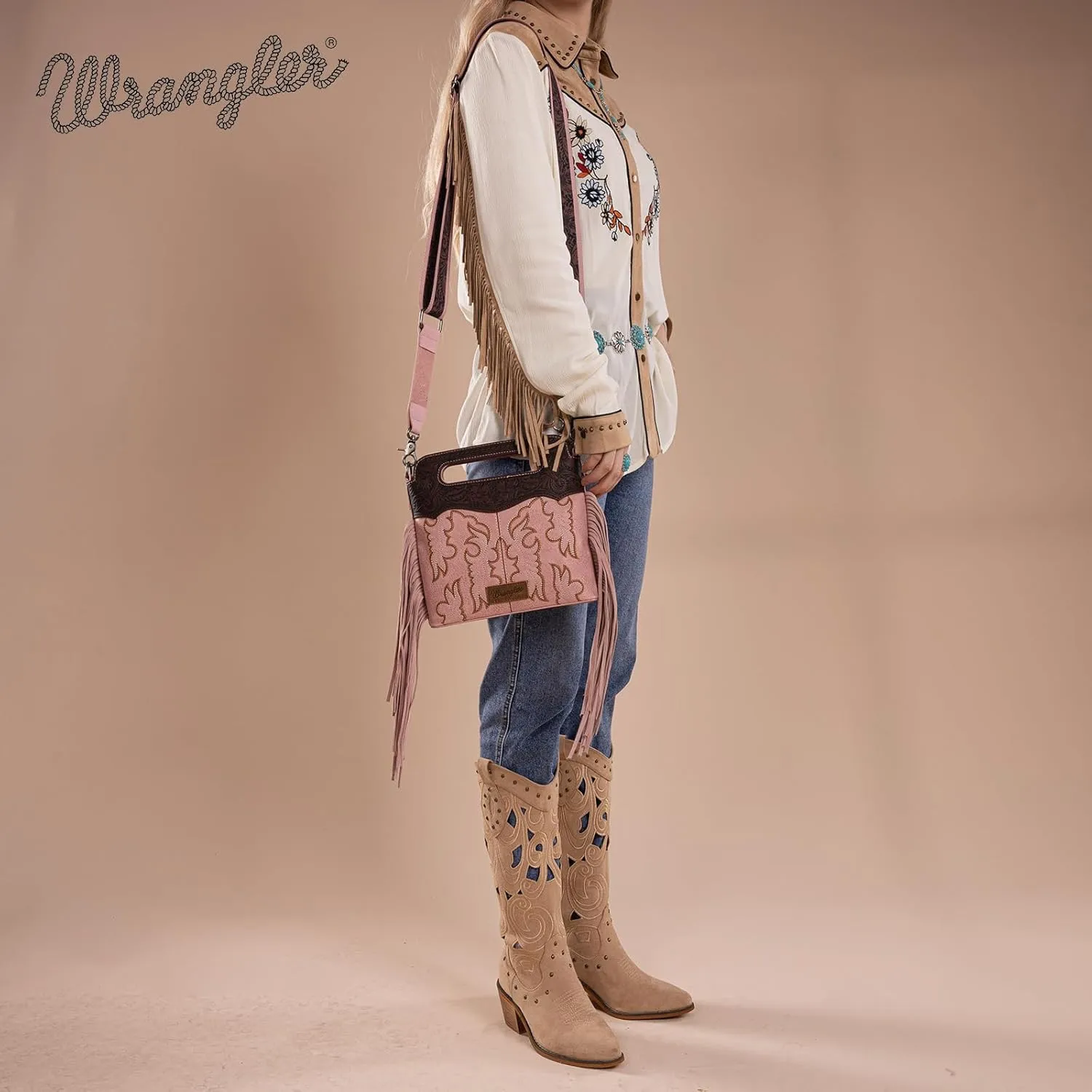 Wrangler Top Handle Handbags Western Fringe Crossbody Bag for Women Embroidered Boot Scroll Ladies Handbag