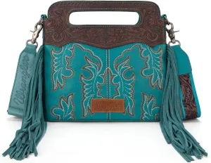Wrangler Top Handle Handbags Western Fringe Crossbody Bag for Women Embroidered Boot Scroll Ladies Handbag
