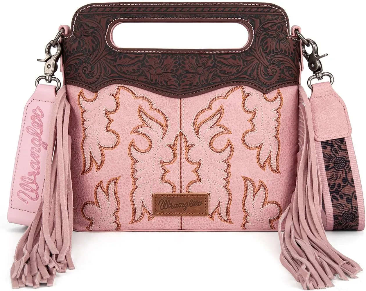 Wrangler Top Handle Handbags Western Fringe Crossbody Bag for Women Embroidered Boot Scroll Ladies Handbag