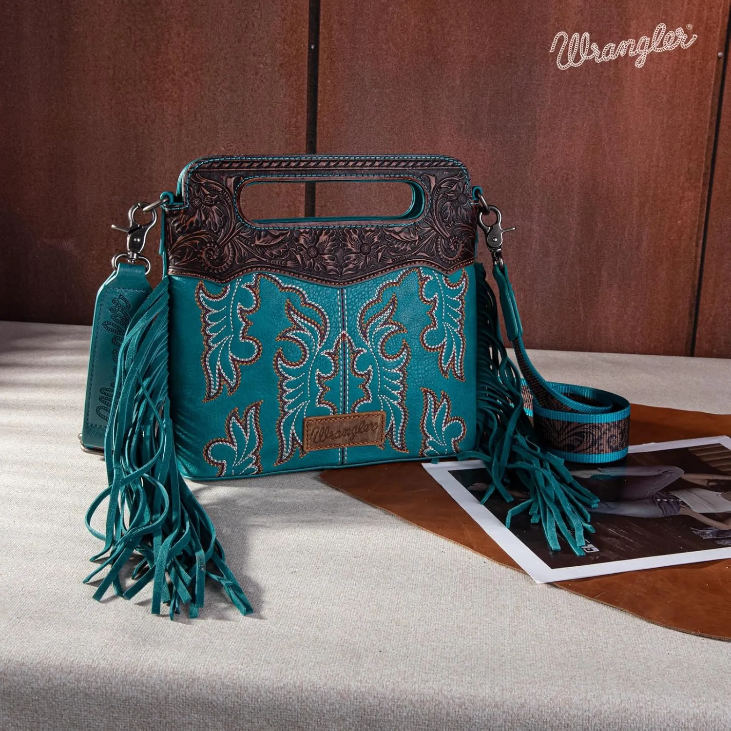 Wrangler Top Handle Handbags Western Fringe Crossbody Bag for Women Embroidered Boot Scroll Ladies Handbag
