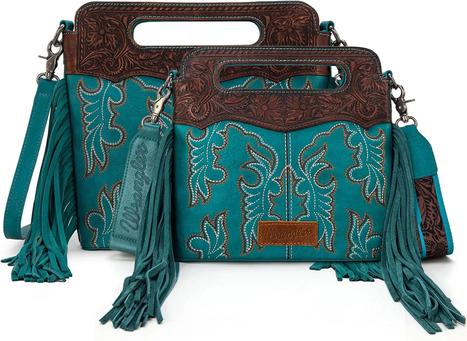 Wrangler Top Handle Handbags Western Fringe Crossbody Bag for Women Embroidered Boot Scroll Ladies Handbag