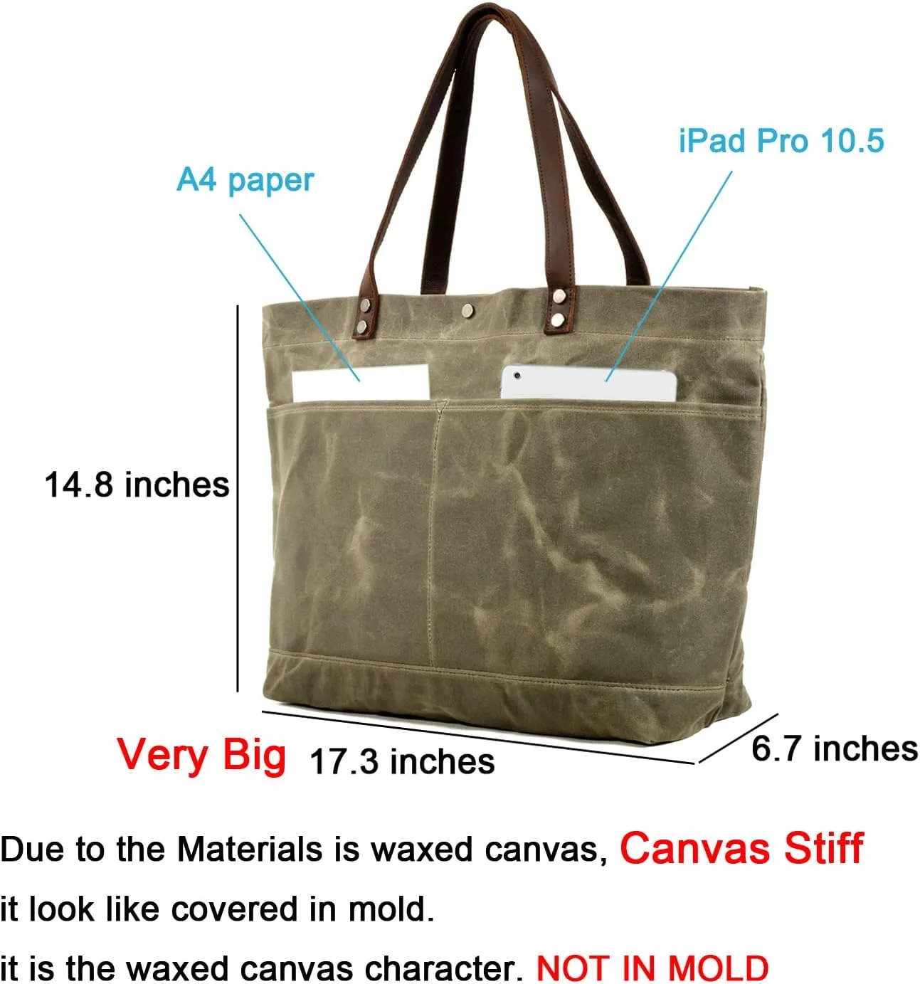 WUDON Waxed Canvas Travel Tote Bag - Extra Large Carryall Shoulder Bag for Women