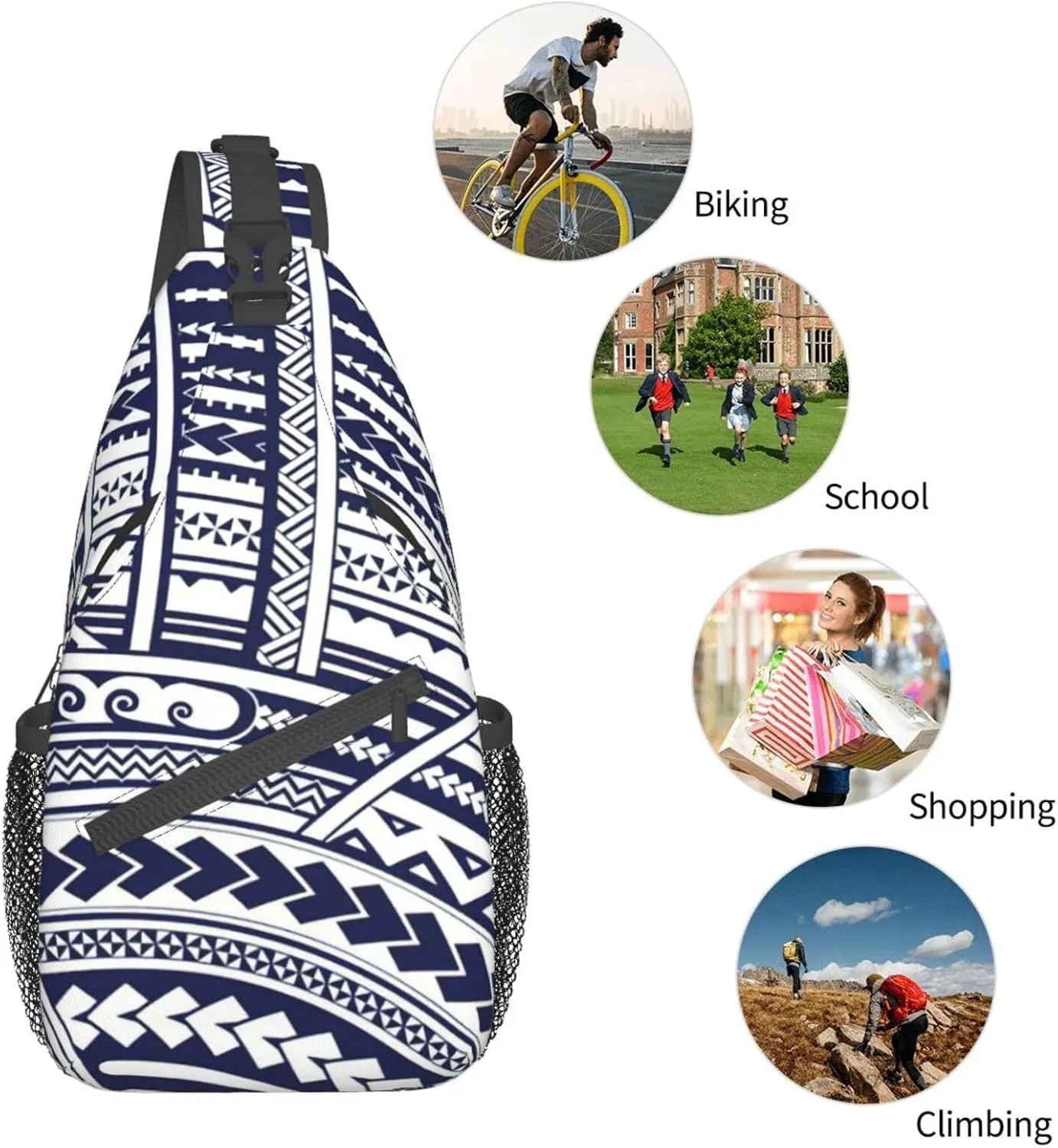 WURTON Blue Polynesian Maori Tribal Pattern Sling Backpack, Multipurpose Travel Hiking Daypack Rope Crossbody Shoulder Bag