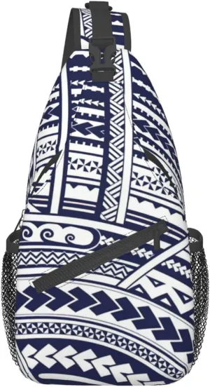 WURTON Blue Polynesian Maori Tribal Pattern Sling Backpack, Multipurpose Travel Hiking Daypack Rope Crossbody Shoulder Bag