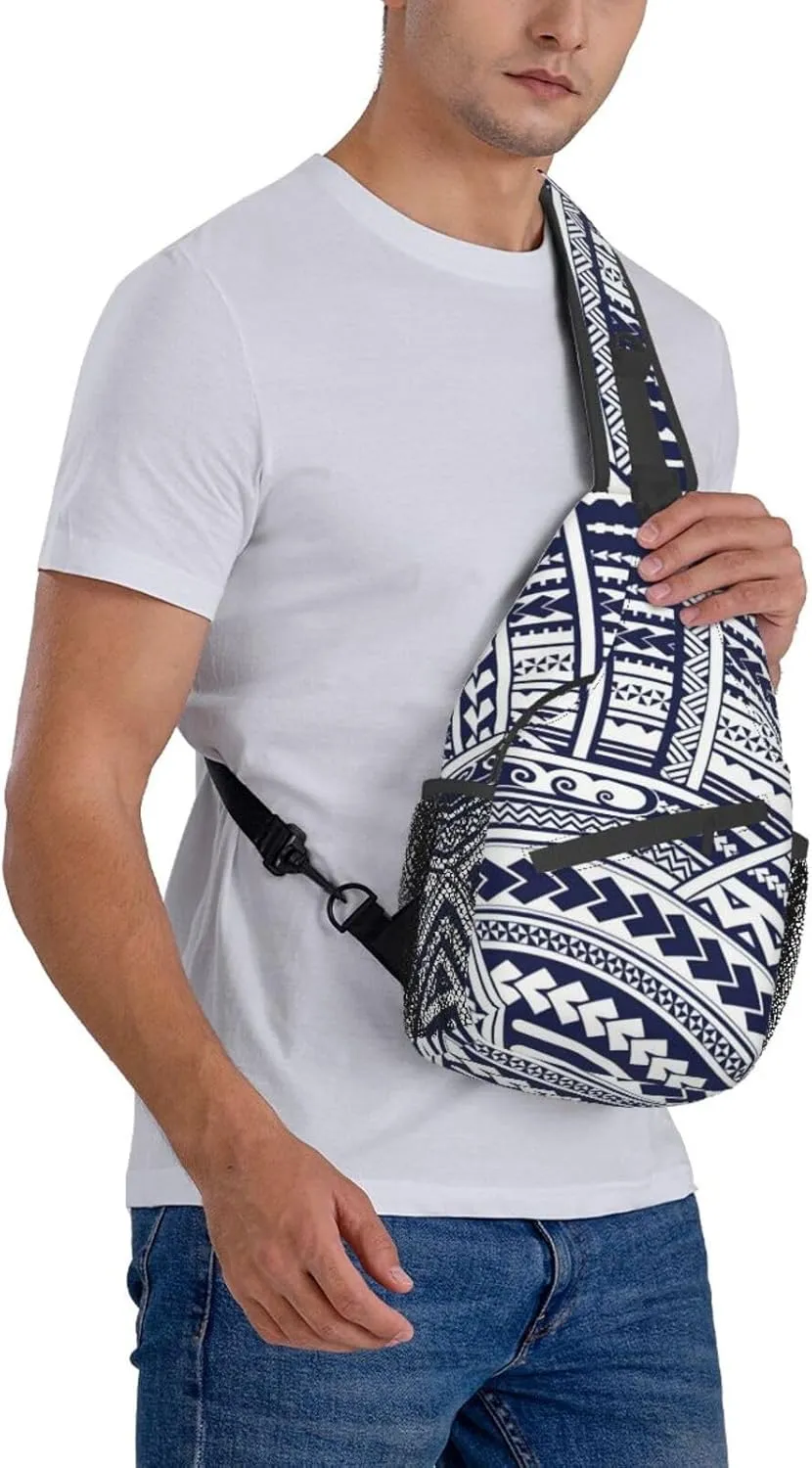 WURTON Blue Polynesian Maori Tribal Pattern Sling Backpack, Multipurpose Travel Hiking Daypack Rope Crossbody Shoulder Bag