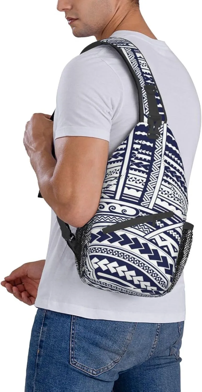 WURTON Blue Polynesian Maori Tribal Pattern Sling Backpack, Multipurpose Travel Hiking Daypack Rope Crossbody Shoulder Bag