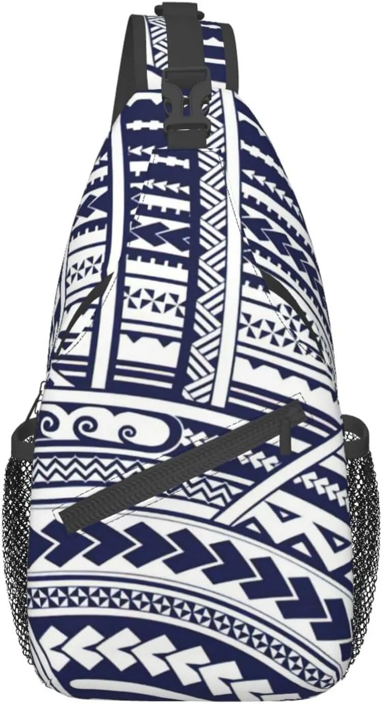 WURTON Blue Polynesian Maori Tribal Pattern Sling Backpack, Multipurpose Travel Hiking Daypack Rope Crossbody Shoulder Bag