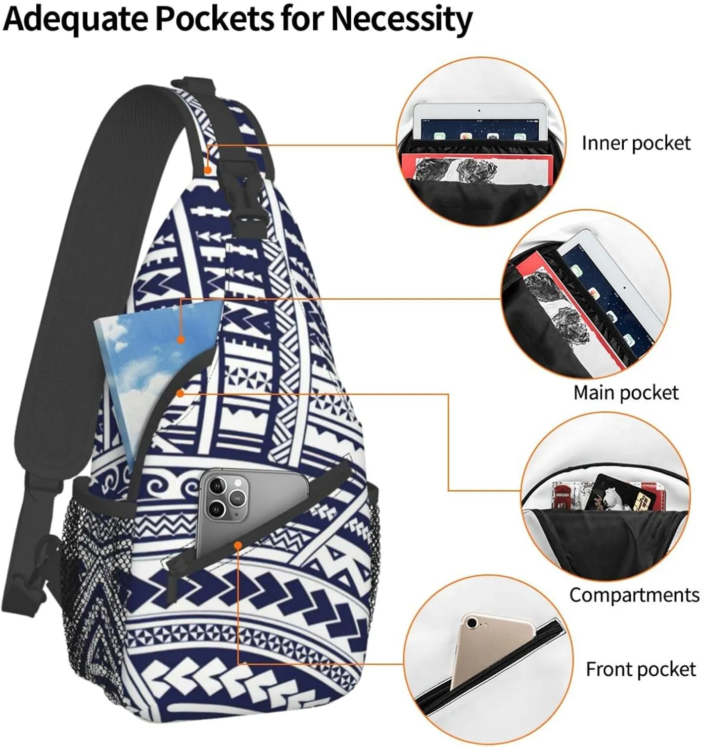 WURTON Blue Polynesian Maori Tribal Pattern Sling Backpack, Multipurpose Travel Hiking Daypack Rope Crossbody Shoulder Bag