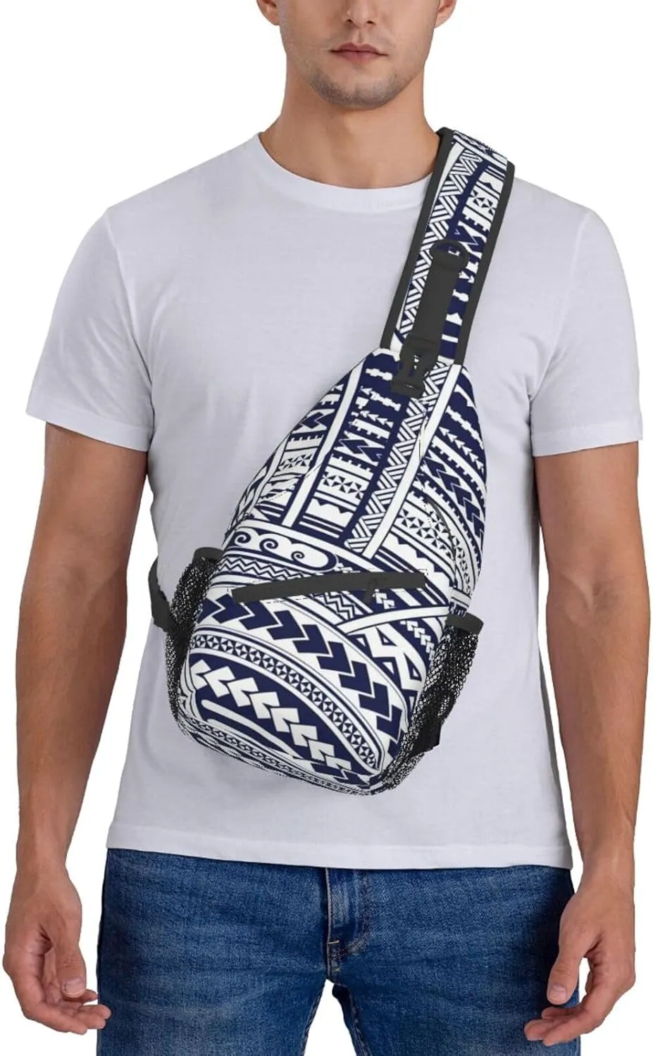 WURTON Blue Polynesian Maori Tribal Pattern Sling Backpack, Multipurpose Travel Hiking Daypack Rope Crossbody Shoulder Bag