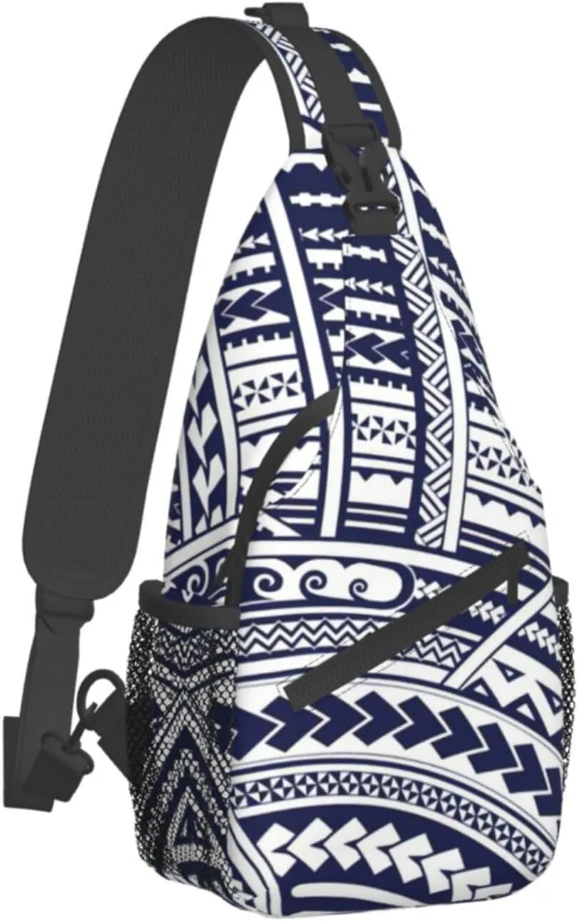 WURTON Blue Polynesian Maori Tribal Pattern Sling Backpack, Multipurpose Travel Hiking Daypack Rope Crossbody Shoulder Bag