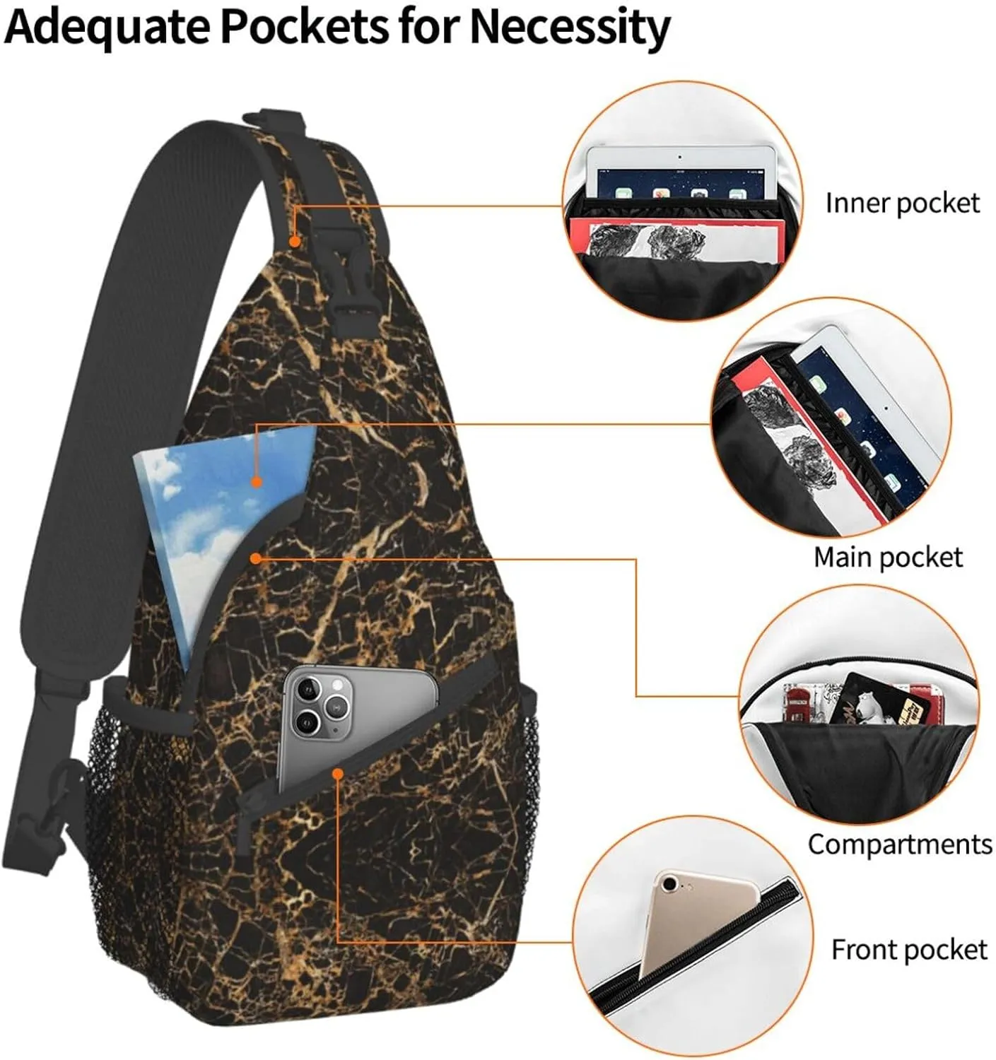 WURTON Sling Bag Glittery Pretty Pattern Print Sling Backpack Crossbody Chest Bag Daypack For Hiking Travel