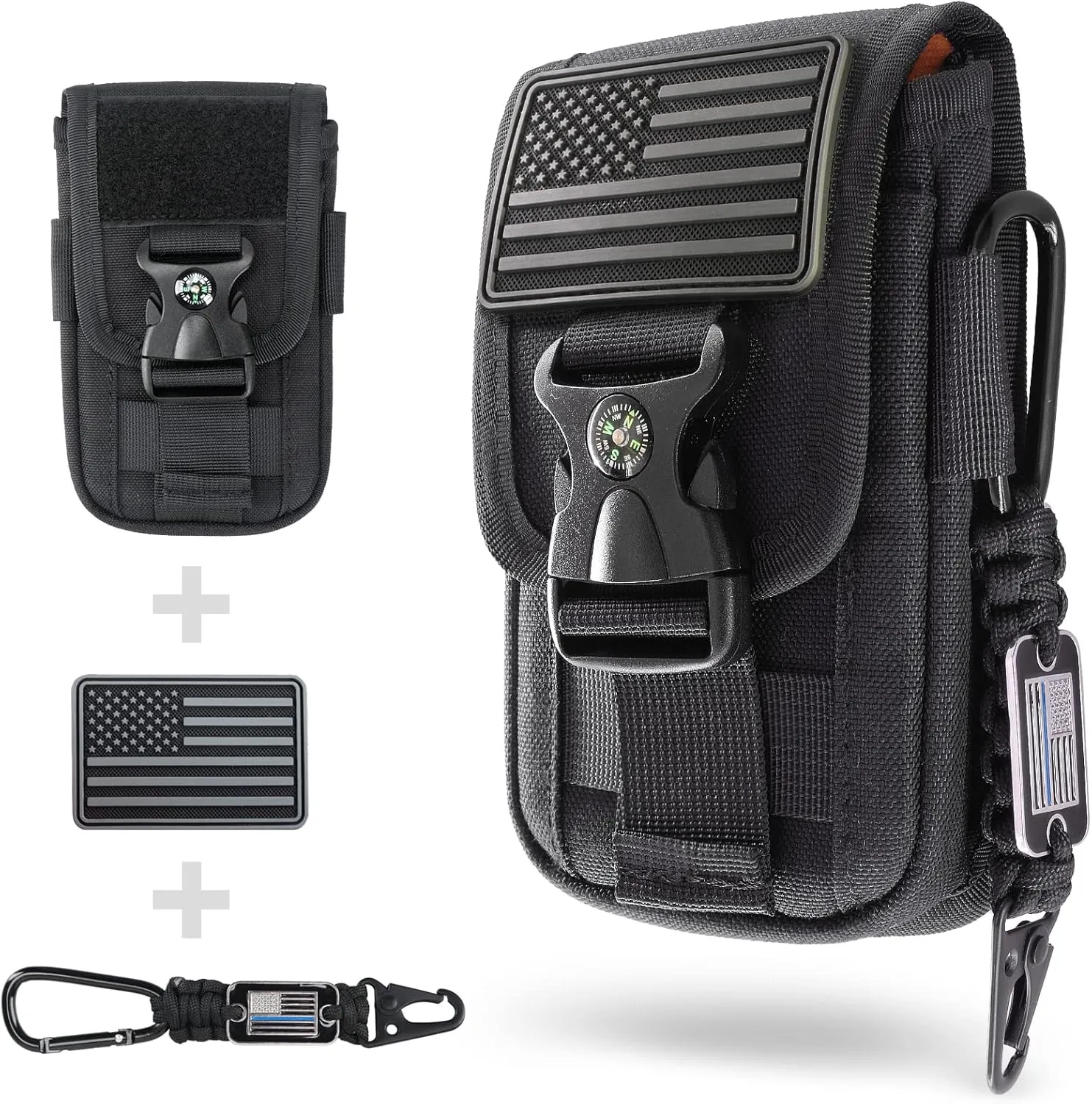 WYNEX Tactical Molle Phone Pouch with Compass Buckle, Tactical Phone Holster Molle Cell Phone Pouch Universal Belt Waist Bag for IP 15/14/13 Pro Max / S22/S21 with US Patch & Paracord Keyring Clip