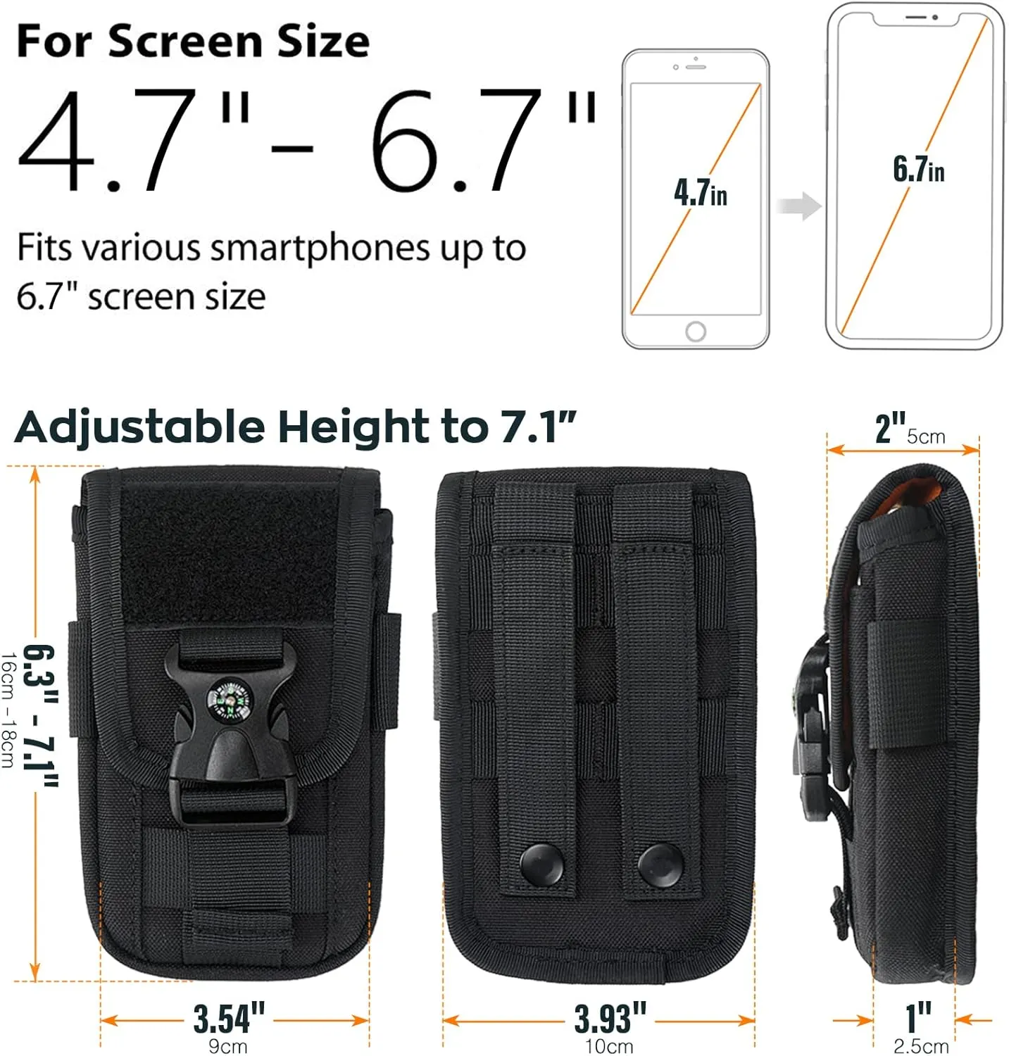 WYNEX Tactical Molle Phone Pouch with Compass Buckle, Tactical Phone Holster Molle Cell Phone Pouch Universal Belt Waist Bag for IP 15/14/13 Pro Max / S22/S21 with US Patch & Paracord Keyring Clip