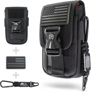 WYNEX Tactical Molle Phone Pouch with Compass Buckle, Tactical Phone Holster Molle Cell Phone Pouch Universal Belt Waist Bag for IP 15/14/13 Pro Max / S22/S21 with US Patch & Paracord Keyring Clip