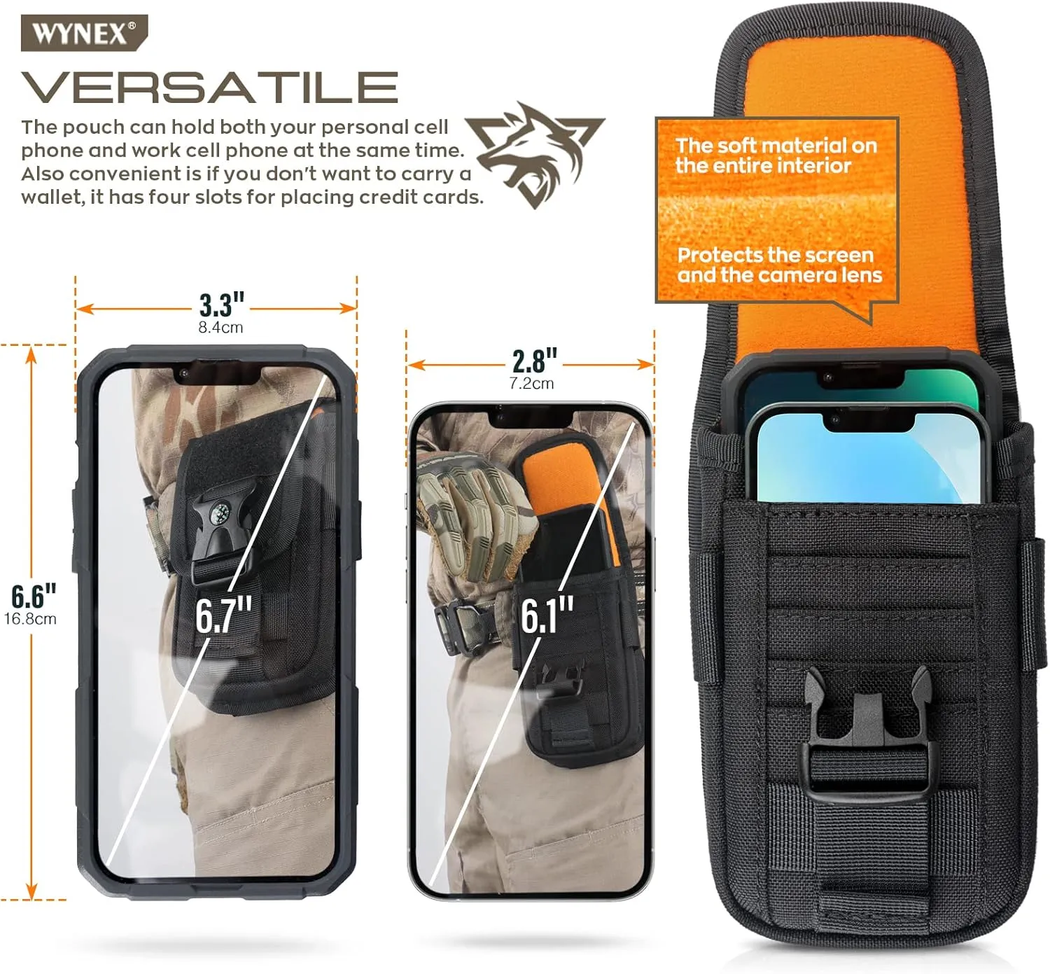 WYNEX Tactical Molle Phone Pouch with Compass Buckle, Tactical Phone Holster Molle Cell Phone Pouch Universal Belt Waist Bag for IP 15/14/13 Pro Max / S22/S21 with US Patch & Paracord Keyring Clip