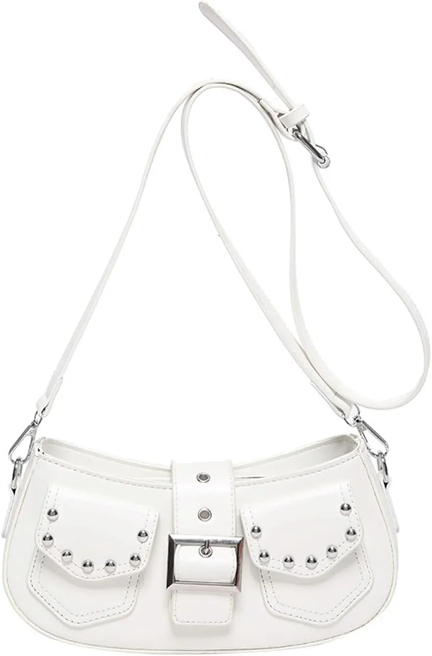 Y2k Purse Punk metallic Shoulder Bag with Silver Buckle 2000s Vintage Handbag Street Girly Grunge Studded Purses