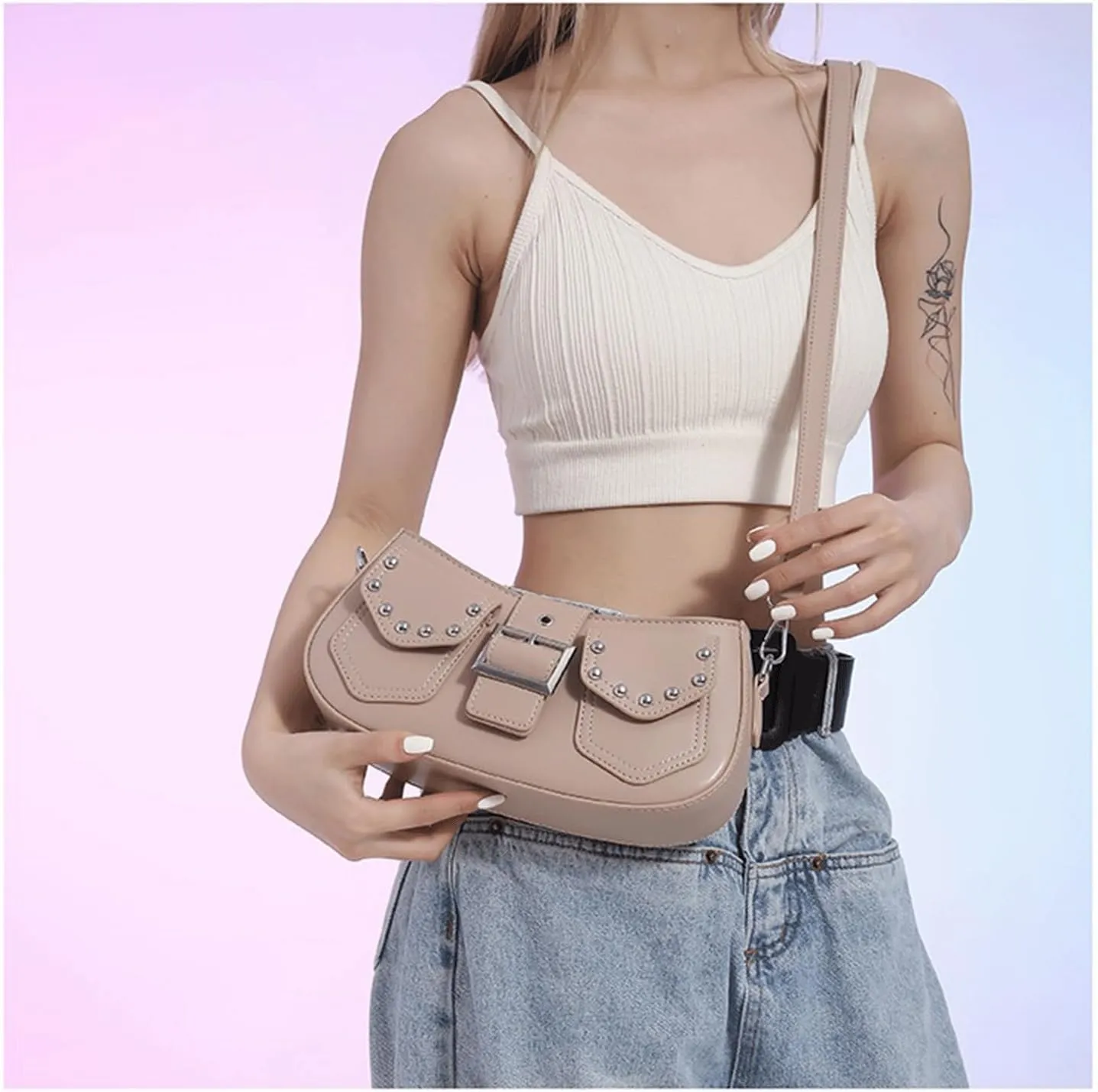 Y2k Purse Punk metallic Shoulder Bag with Silver Buckle 2000s Vintage Handbag Street Girly Grunge Studded Purses