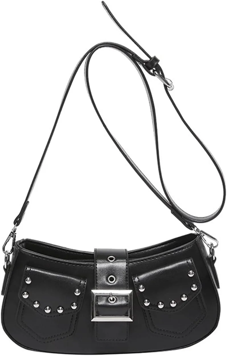 Y2k Purse Punk metallic Shoulder Bag with Silver Buckle 2000s Vintage Handbag Street Girly Grunge Studded Purses
