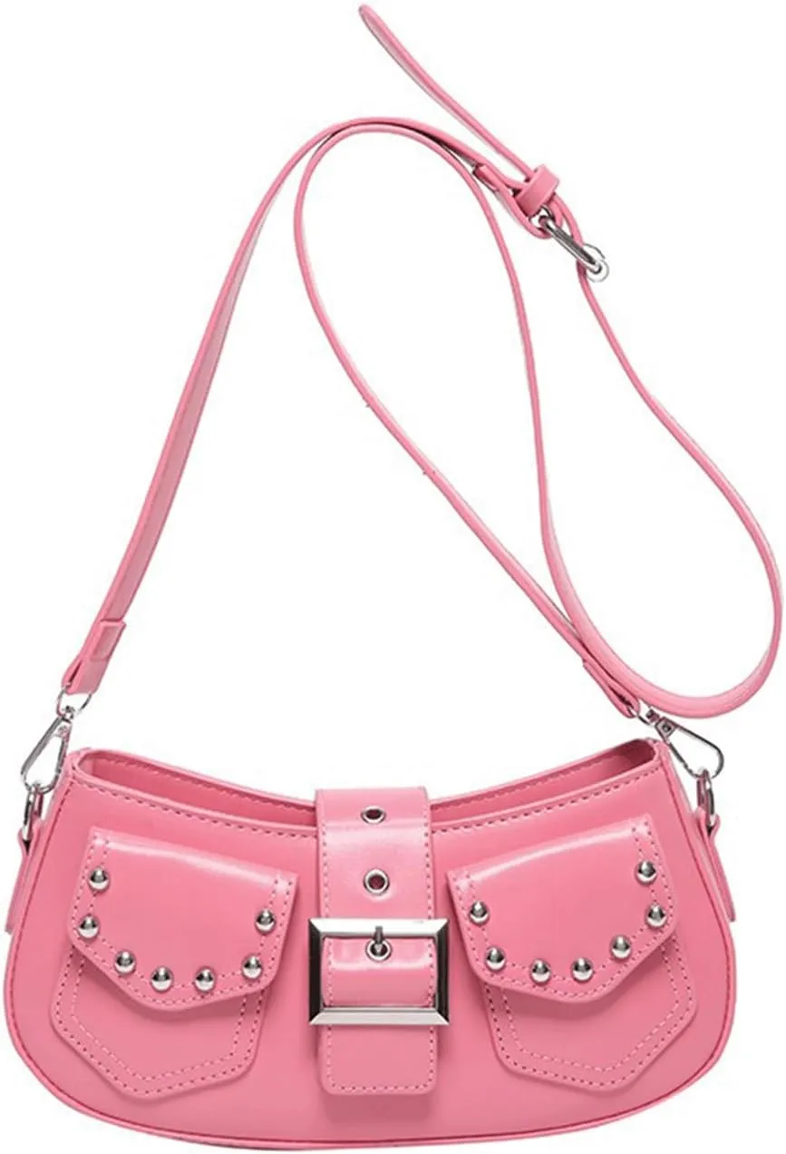 Y2k Purse Punk metallic Shoulder Bag with Silver Buckle 2000s Vintage Handbag Street Girly Grunge Studded Purses