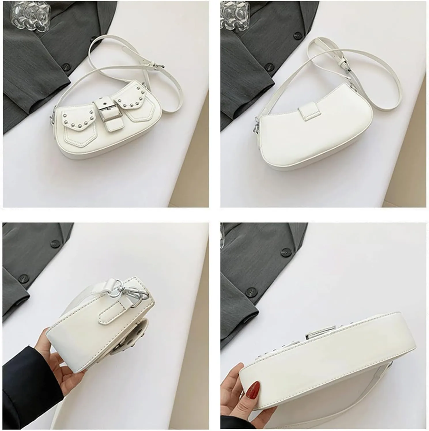 Y2k Purse Punk metallic Shoulder Bag with Silver Buckle 2000s Vintage Handbag Street Girly Grunge Studded Purses