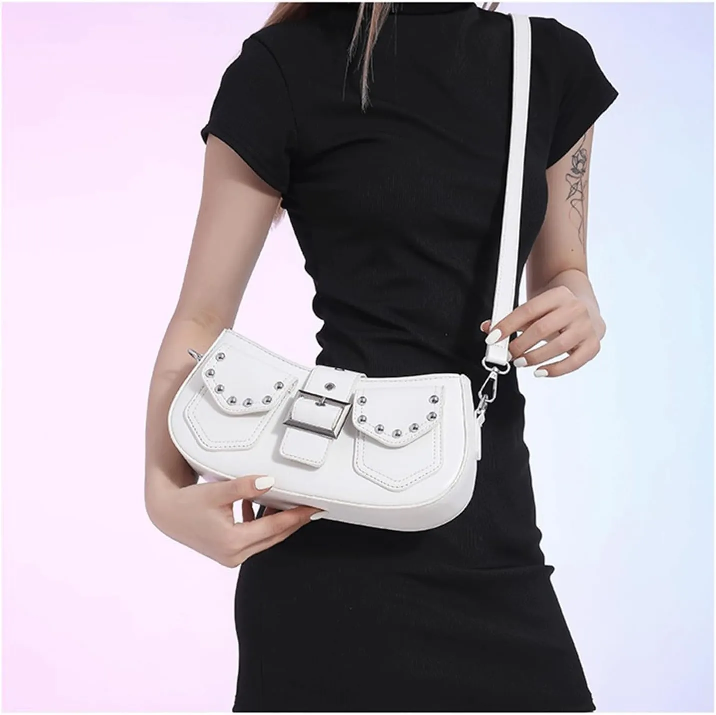Y2k Purse Punk metallic Shoulder Bag with Silver Buckle 2000s Vintage Handbag Street Girly Grunge Studded Purses