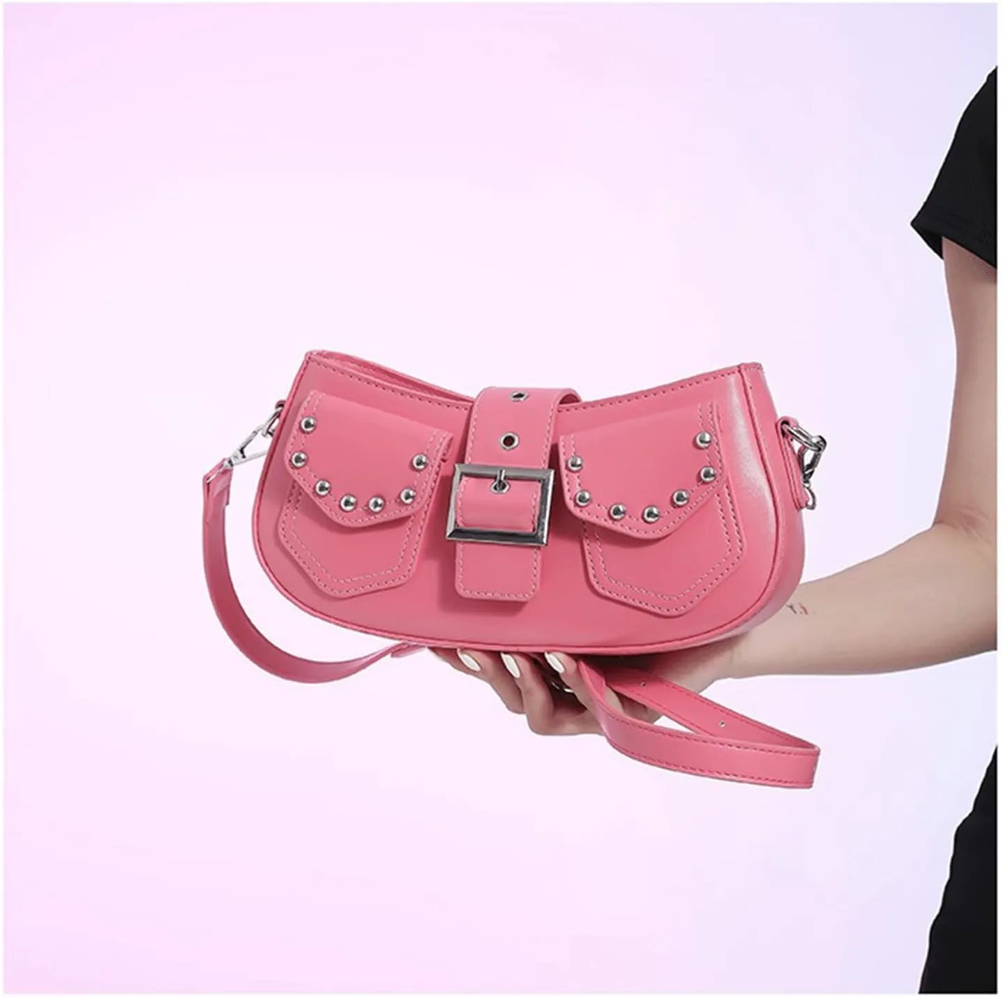 Y2k Purse Punk metallic Shoulder Bag with Silver Buckle 2000s Vintage Handbag Street Girly Grunge Studded Purses