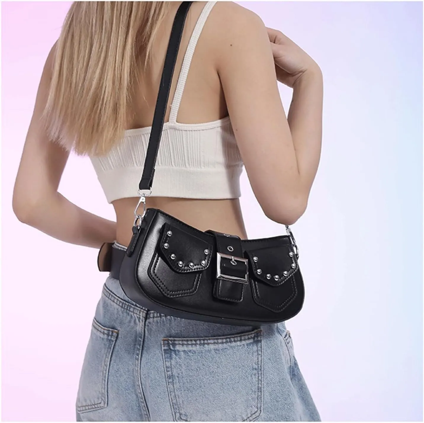 Y2k Purse Punk metallic Shoulder Bag with Silver Buckle 2000s Vintage Handbag Street Girly Grunge Studded Purses