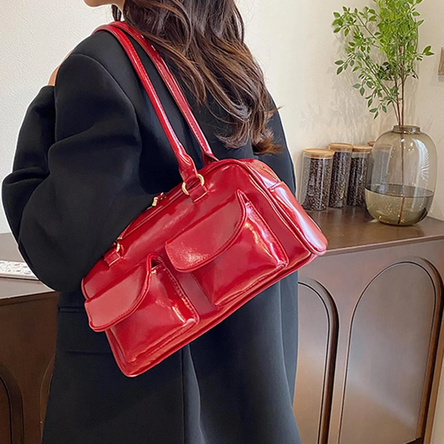 Y2K Shoulder Purses for Women Trendy - PU Leather Retro Boston Handbag, Lightweight and Versatile for Work and Travel