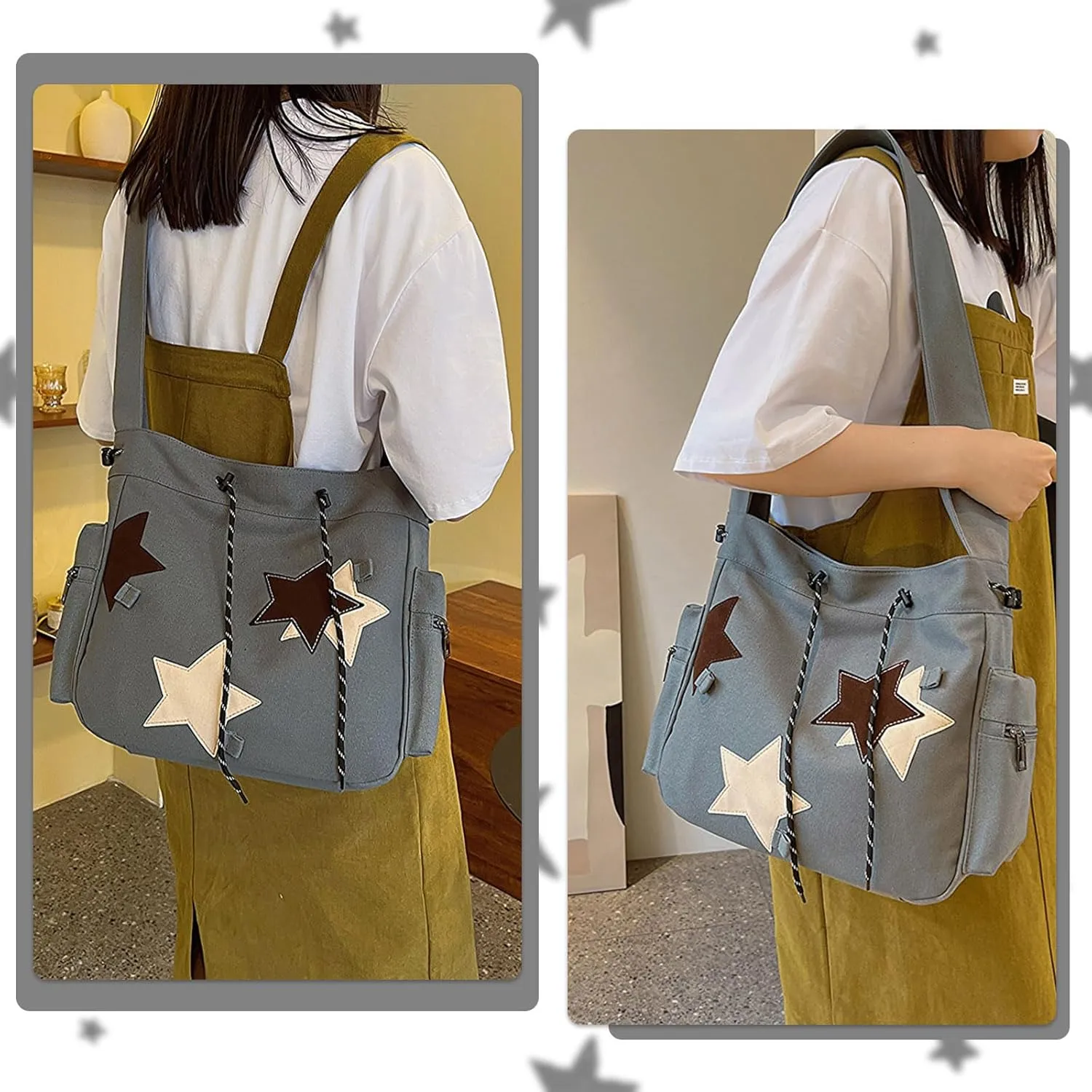 Y2K Star Messenger Bag - Aesthetic Canvas Crossbody Bag, Kawaii Tote with Zipper for Women