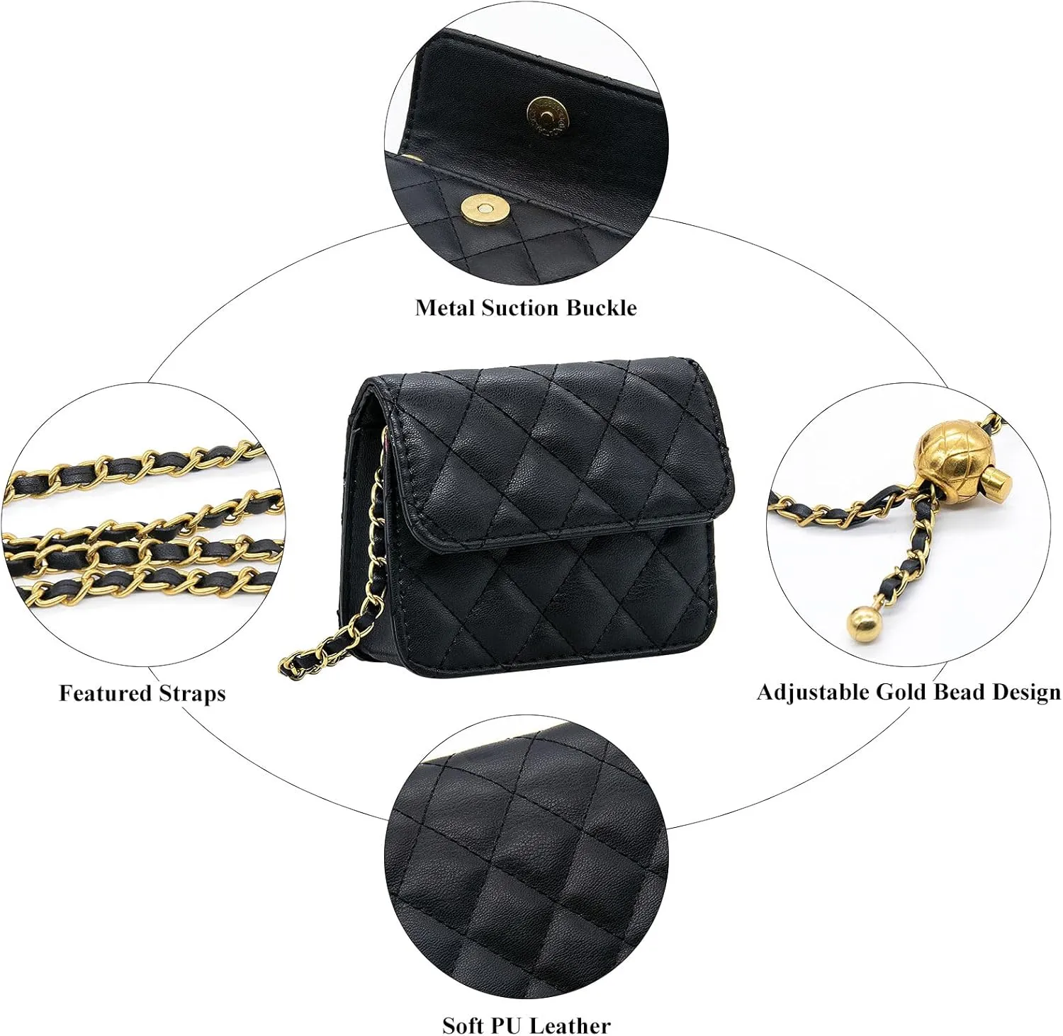 YAMEIZE Fashionable Mini Chain Belt Bag - PU Leather Small Crossbody Bag Chain Belt Purse for Women Trendy Waist Bag