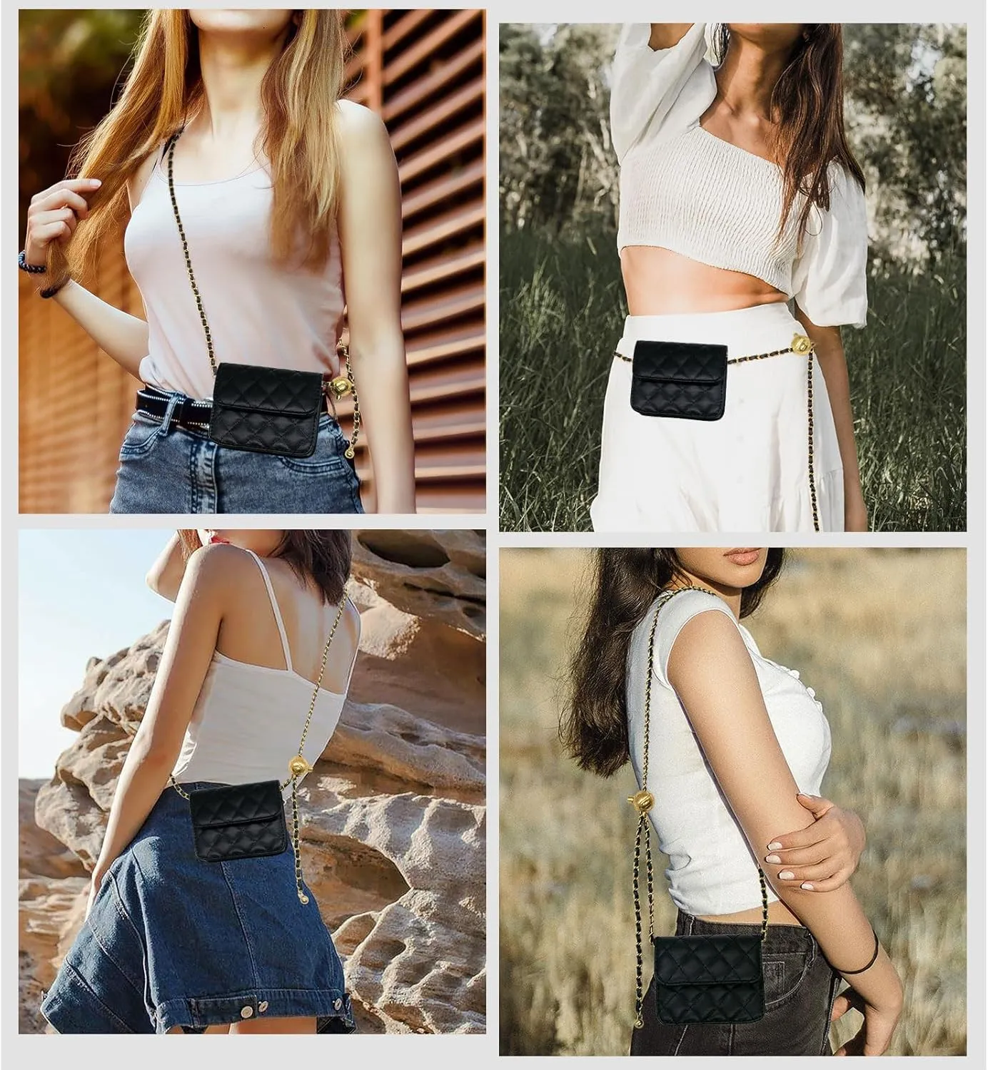 YAMEIZE Fashionable Mini Chain Belt Bag - PU Leather Small Crossbody Bag Chain Belt Purse for Women Trendy Waist Bag