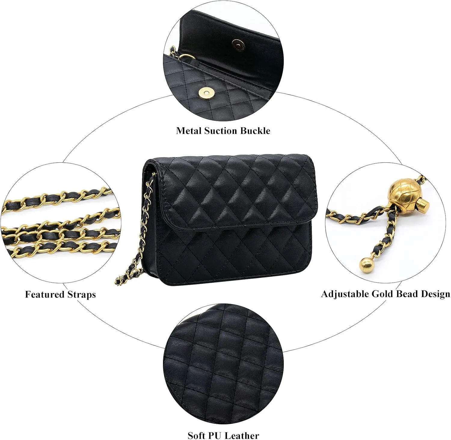 YAMEIZE Fashionable Mini Chain Belt Bag - PU Leather Small Crossbody Bag Chain Belt Purse for Women Trendy Waist Bag